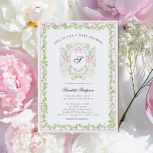 Preppy botanische roze strik monogram babyshower kaart