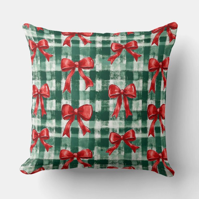 Preppy Bow Green Plaid Christmas Kussen (Voorkant)