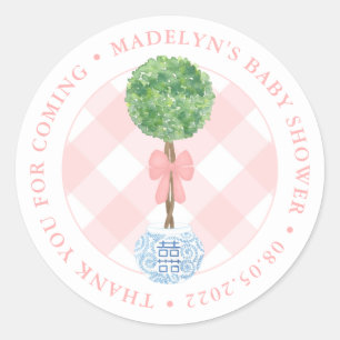 Preppy Boxwood Roze Bow Meisje Baby shower Dank u Ronde Sticker