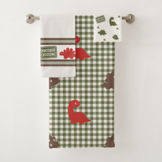 Preppy Boys Dinosaur Gingham -  Brown Red & Green Bad Handdoek