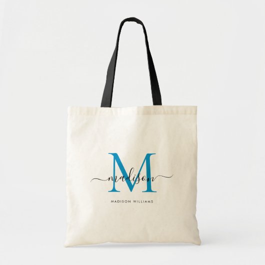Preppy Bright Blue Black Monogram Chic Script Name Tote Bag (Voorkant)