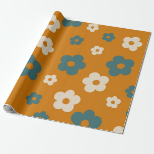Preppy Brown Blue Hippie Flower Pattern Cadeaupapier