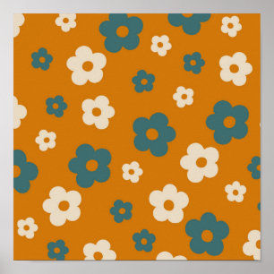 Preppy Brown Blue Hippie Flower Pattern Poster