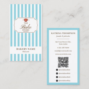 Preppy Brown & Blue Strepen Bakkerij Logo QR Code Visitekaartje