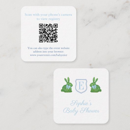 Preppy Bunny Monogram QR Code Baby shower Registry Informatiekaartje (Voorkant / Achterkant)