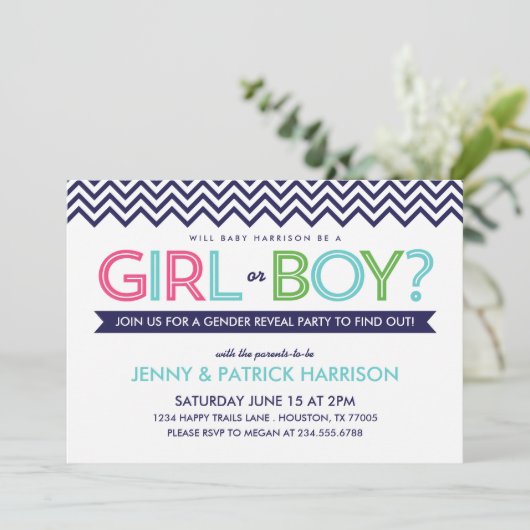 Preppy Chevron Baby Gender Onthulling Party Uitnod Kaart (Staand voorkant)