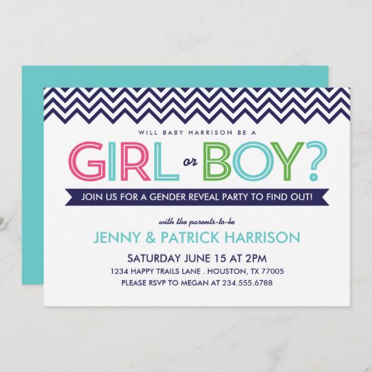Preppy Chevron Baby Gender Onthulling Party Uitnod Kaart (Voorkant / Achterkant)