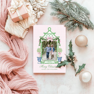 Preppy Chinoiserie Christmas Pagoda Monogram Feestdagenkaart