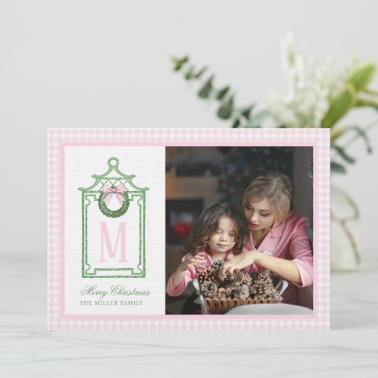 Preppy Chinoiserie Christmas Pagoda Monogram Kaart (Staand voorkant)