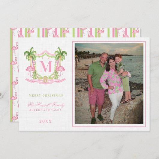 Preppy Christmas Flamingo Crest Monogram Kaart (Voorkant / Achterkant)