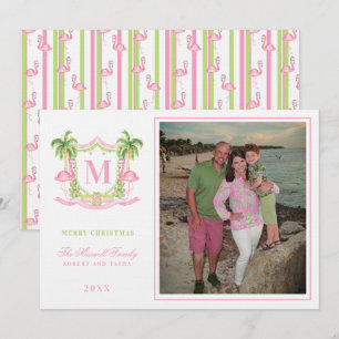 Preppy Christmas Flamingo Crest Monogram Kaart