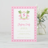 Preppy Christmas Flamingo Crest Monogram Kaart (Staand voorkant)