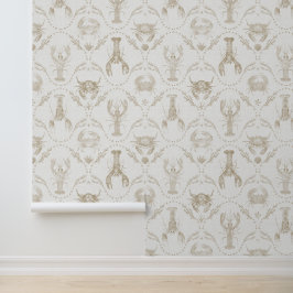 Preppy Coastal Lobsters and Crabs in Sandy Beige Behang
