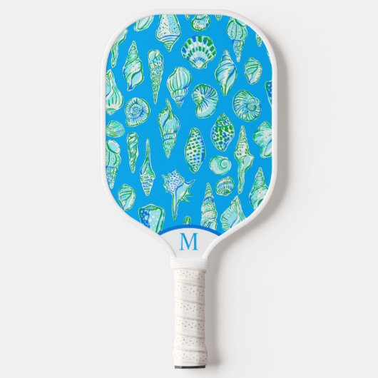Preppy Coastal Sea Shells op Blue Seaside Monogram Pickleball Paddle (Voorkant)