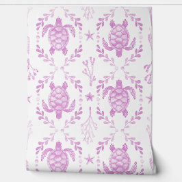 Preppy Coastal Sea Turtles and Coral in Light Pink Behang