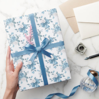 Preppy Coquette Blauw lint strik bloemmotief Cadeaupapier