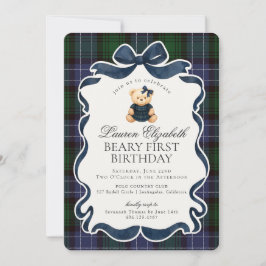 Preppy Coquette Bow Bear Beary First Birthday Kaart