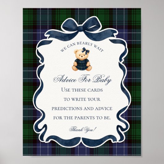 Preppy Coquette Bow Bear Shower Advice for Baby Poster (Voorkant)