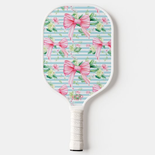Preppy Coquette Roze Bows Blauwe Streep Monogram Pickleball Paddle (Achterkant)