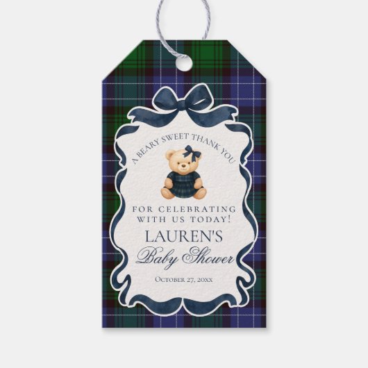 Preppy Coquette Strikdas Beer Tartan Baby Shower F Cadeaulabel (Voorkant)