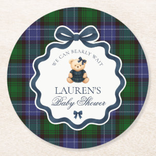 Preppy Coquette Strikje Beer Plaid Baby Shower Ronde Kartonnen Onderzetter