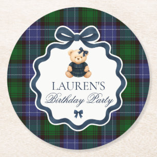 Preppy Coquette Strikje Beer Plaid Verjaardag Ronde Kartonnen Onderzetter