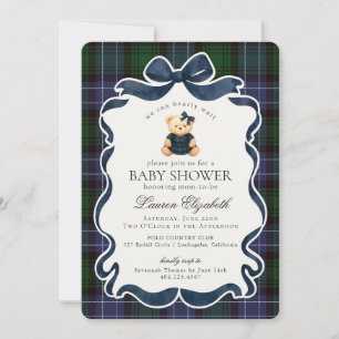 Preppy Coquette Strikje Beer Schotse Plaid Baby Sh Kaart