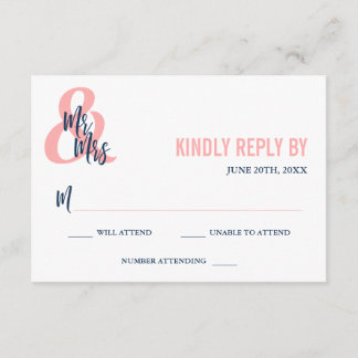 Preppy Coral & Navy Mr & Mrs Wedding RSVP Kaartje