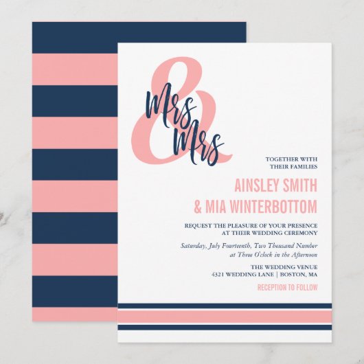 Preppy Coral & Navy Mrs. & Mrs Wedding Kaart (Voorkant / Achterkant)