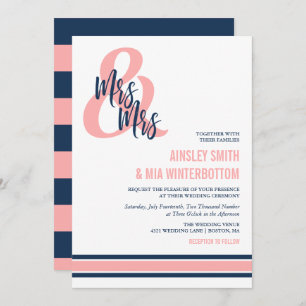 Preppy Coral & Navy Mrs. & Mrs Wedding Kaart