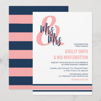 Preppy Coral & Navy Mrs. & Mrs Wedding Kaart