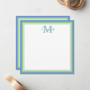 Preppy Cornflower Blue en Sage Green Monogram Notitiekaartje