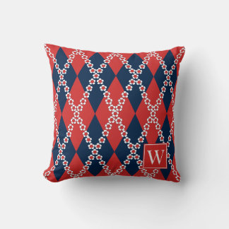 Preppy Daisy Argyle – Rood Wit & Marine Monogram Kussen