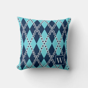 Preppy Daisy Argyle – Turquoise & Navy Monogram Kussen