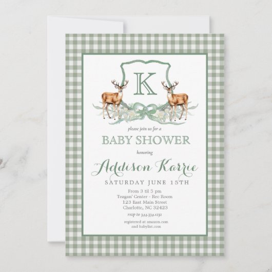 Preppy Deer Gingham Crest Baby shower Uitnodiging (Voorkant)