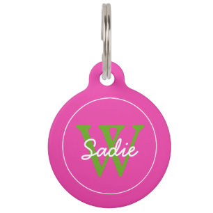 Preppy Diva Pink en Green Apple Monogram Huisdierpenning