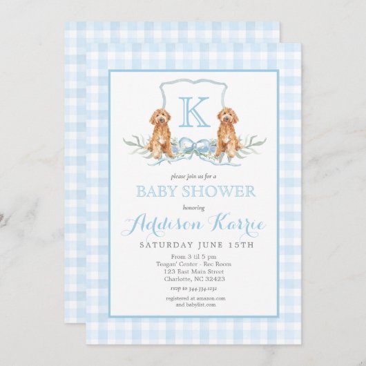 Preppy Dog Gingham Crest Baby shower uitnodiging (Voorkant / Achterkant)