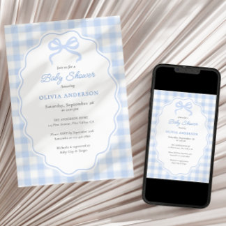 Preppy Doodle Frame Blue Gingham & Bow Baby Shower Kaart
