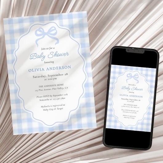 Preppy Doodle Frame Blue Gingham & Bow Baby Shower Kaart
