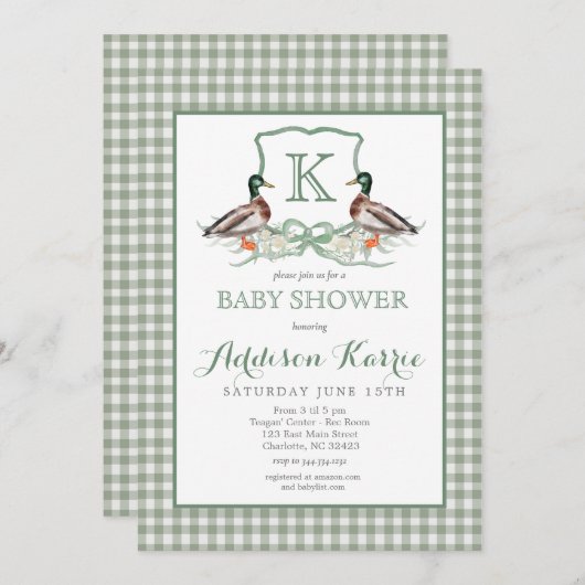 Preppy Duck En vichy Crest Baby shower Invitation (Devant / Derrière)