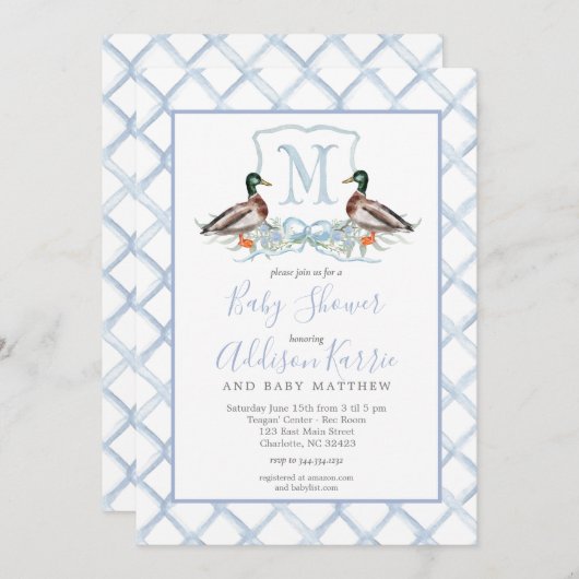 Preppy Duck En vichy Crest Baby shower Invitation (Devant / Derrière)