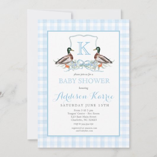 Preppy Duck Gingham Crest Baby shower uitnodiging (Voorkant)