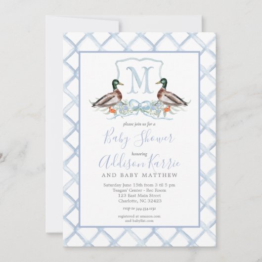 Preppy Duck Gingham Crest Baby shower uitnodiging (Voorkant)