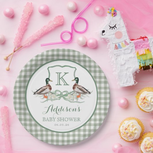 Preppy Duck Gingham Crest Baby shower uitnodiging Papieren Bordje (Feest)