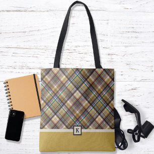 Preppy Earth Tones Plaid Monogram Canvas tas