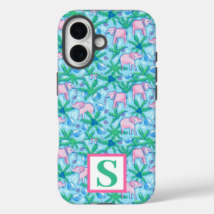Preppy Elephant Monogram Tropisch iPhone 16 Hoesje