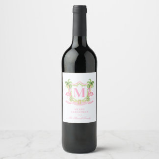 Preppy Flamingo Kerst Crest Wijn Etiket