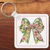 Preppy Floral Pink and Green Bow Personalized Sleutelhanger (Voorkant)