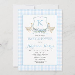 Preppy Gans Blauw Gingham Baby Shower Uitnodiging
