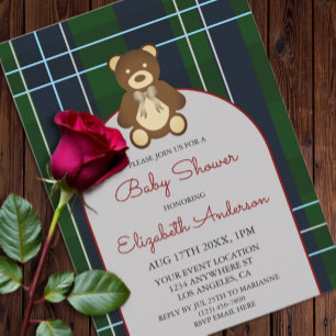 Preppy geruite teddybeer babyshower kaart